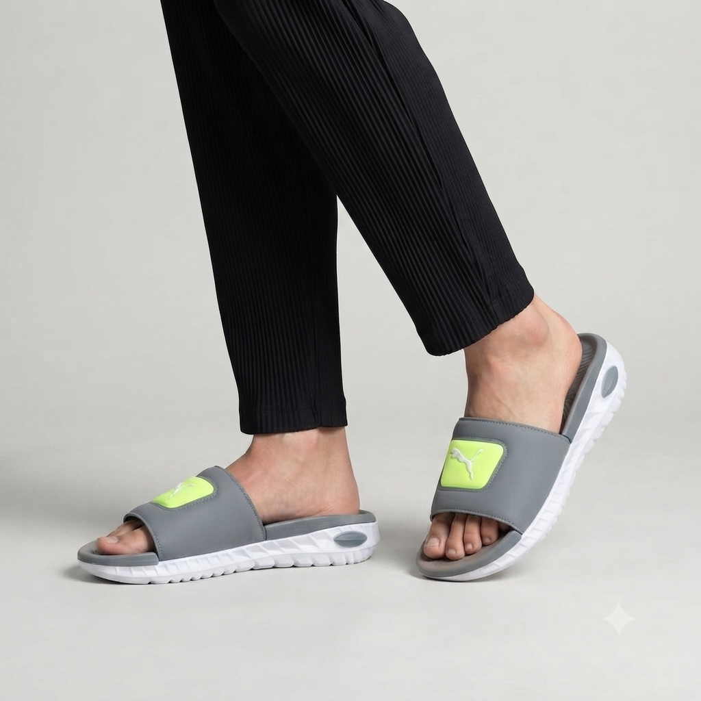 Puma Style Grey &amp; Neon Lime Comfort Slides