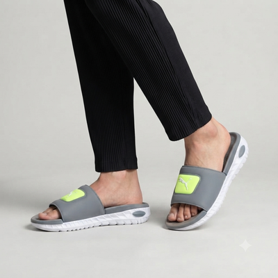 Puma Style Grey &amp; Neon Lime Comfort Slides
