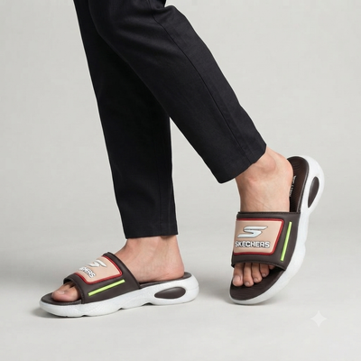 Skechers Contrast Brown & Neon Performance Slides