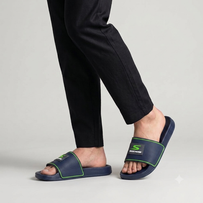 Skechers Navy & Neon Green Sporty Slides