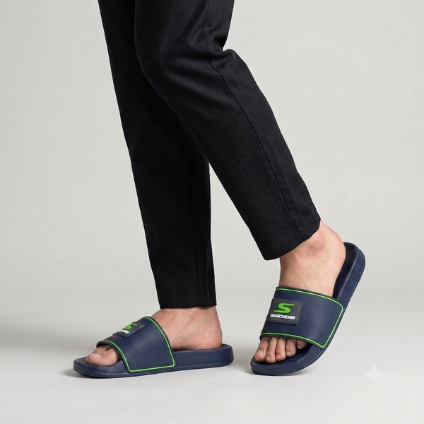 Skechers Navy & Neon Green Sporty Slides