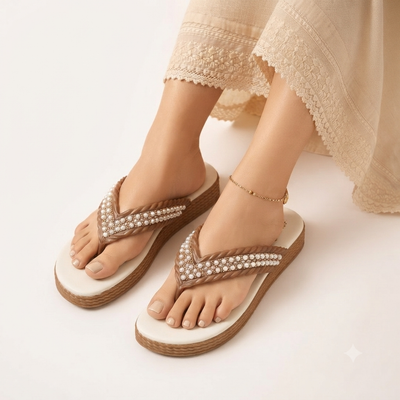 Elegant Pearl-Embellished Platform Flip-Flops