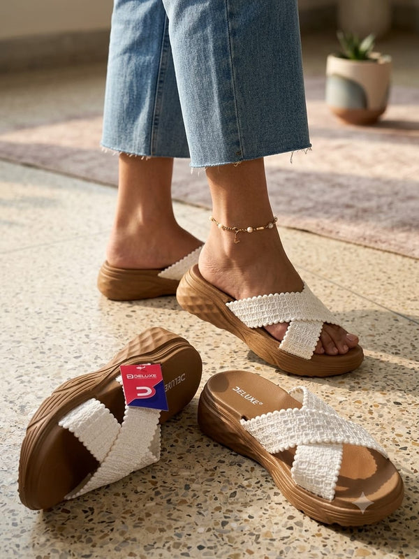 Elegant White Criss-Cross Summer Slides