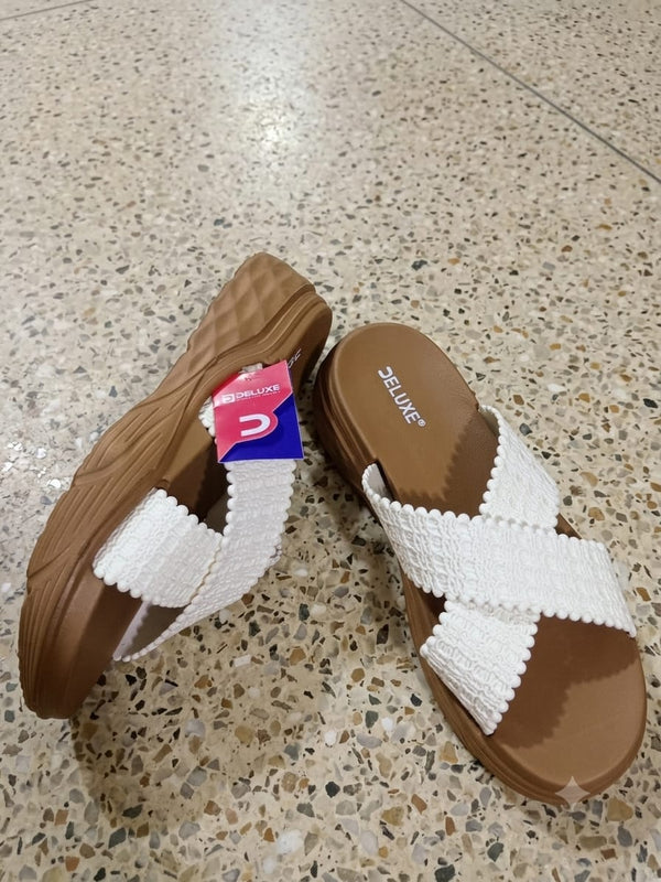 Elegant White Criss-Cross Summer Slides