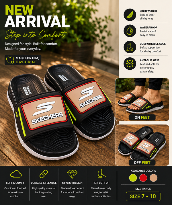 Skechers Contrast Brown & Neon Performance Slides
